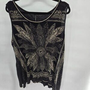 Vintage Skinny Minnie Black Gold Beaded Bohemian Y2k Sleeveless Tank 3x